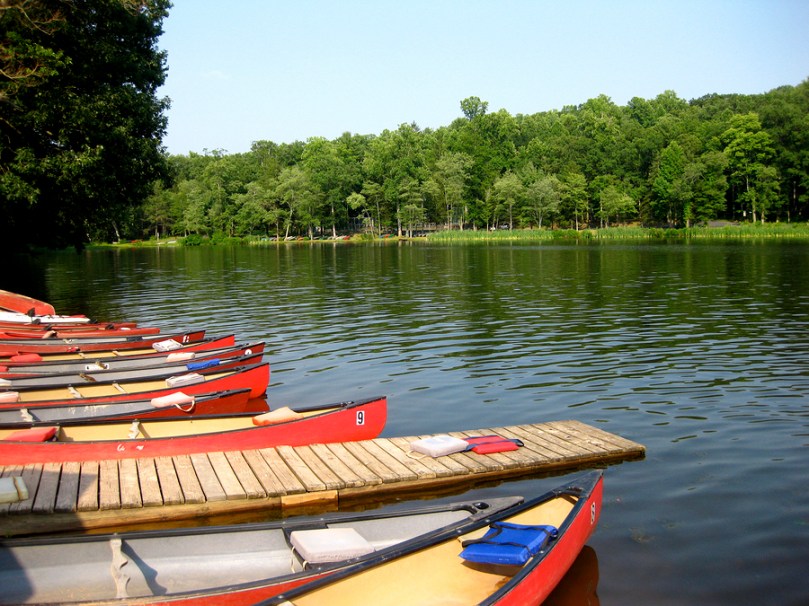Mt. Gretna Lake with boats lined at a dock