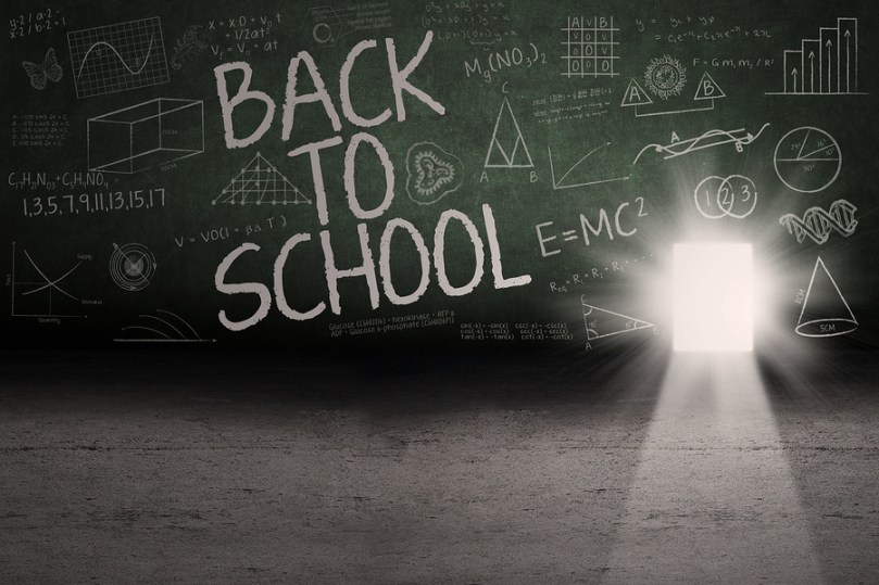 Back to school: Text of back to school on the blackboard with a door on the board